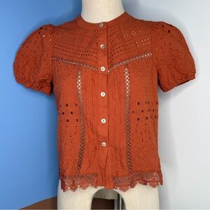 Industry Republic Clothing Embroidered Eyelet Puff Sleeve Button-Up Shirt Rust S